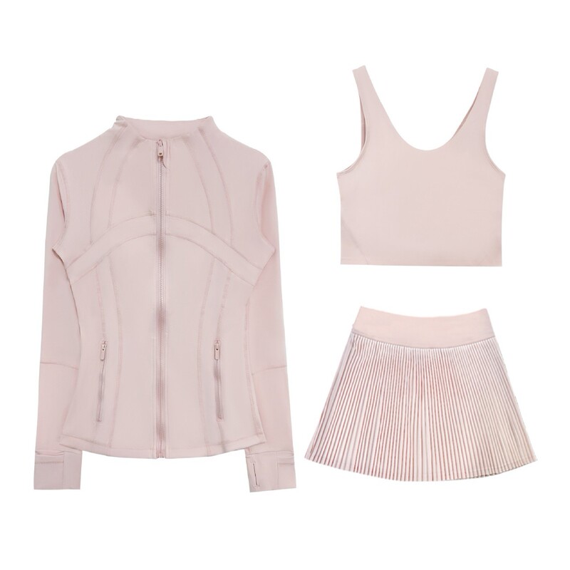 Luludarling Long Stand-Up Collar Three-Piece Set Slim-Fit Jacket + Quick-Drying High-Waisted Pleated Skirt + U-Shaped Bra Tank Top