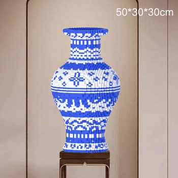 Chinese-Style Blue and White Porcelain Building Block Ornaments, Small Particle Flower Arrangement Vase Toys, Educational and Difficult to Assemble, for Boys and Girls