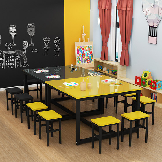 유치원 초등학생 수제 테이블 훈련 수업 서예 미술 그림 테이블 강화 유리 테이블 스튜디오 테이블과 의자 조합
