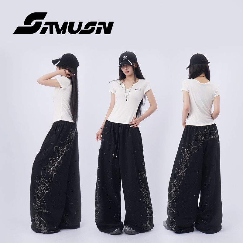 Black Workwear-Style Casual Pants for Women with Rhinestone Arc-Shaped Letters, Jogger-Style Hip-Hop Wide-Leg Curved Sports Pants