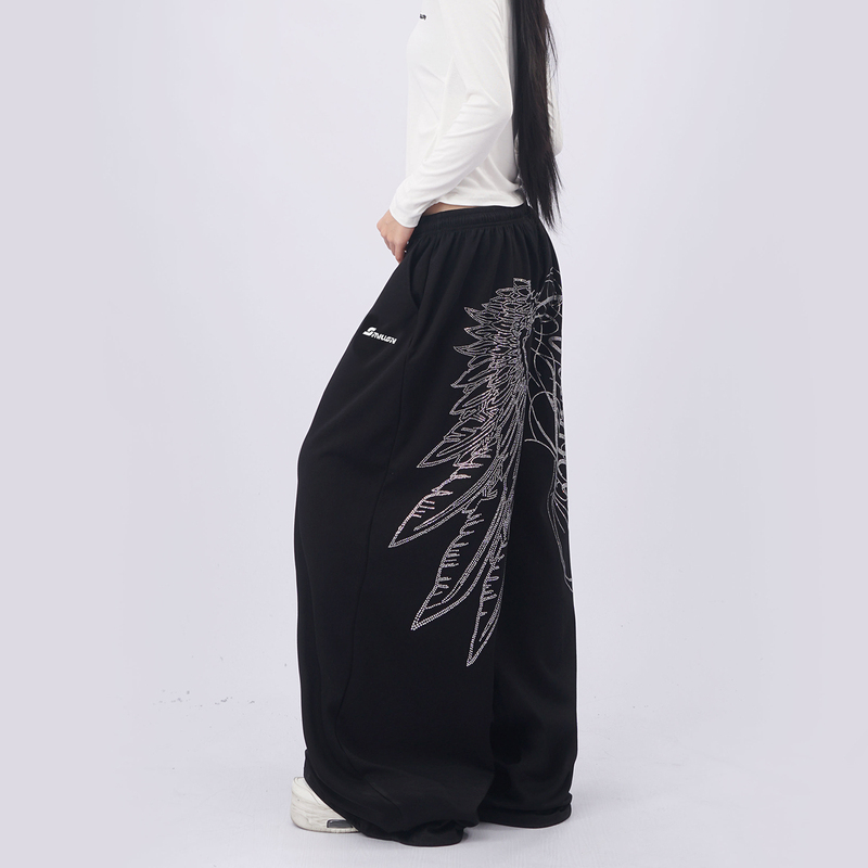 Black Trendy Street Dance Wing Rhinestone Cargo Pants Wide-Leg High-End Loose Jogger Sweatpants Slimming Versatile Sports Pants