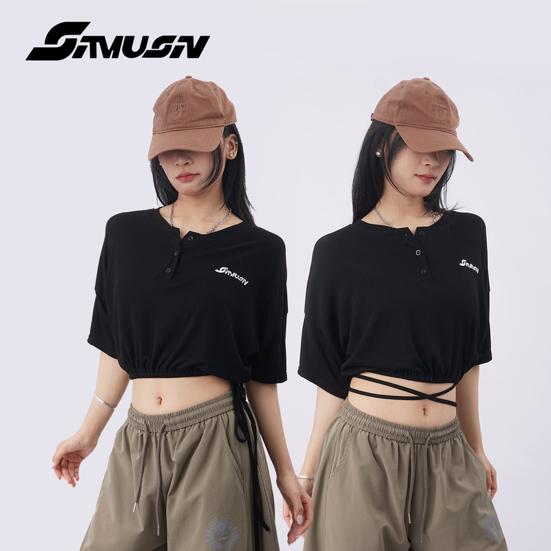 Multi-Wear Embroidered Drawstring Black Half-Sleeve Blouse, Summer Loose Fit, Henry Collar, Jazz High-Waisted Short-Sleeve T-Shirt