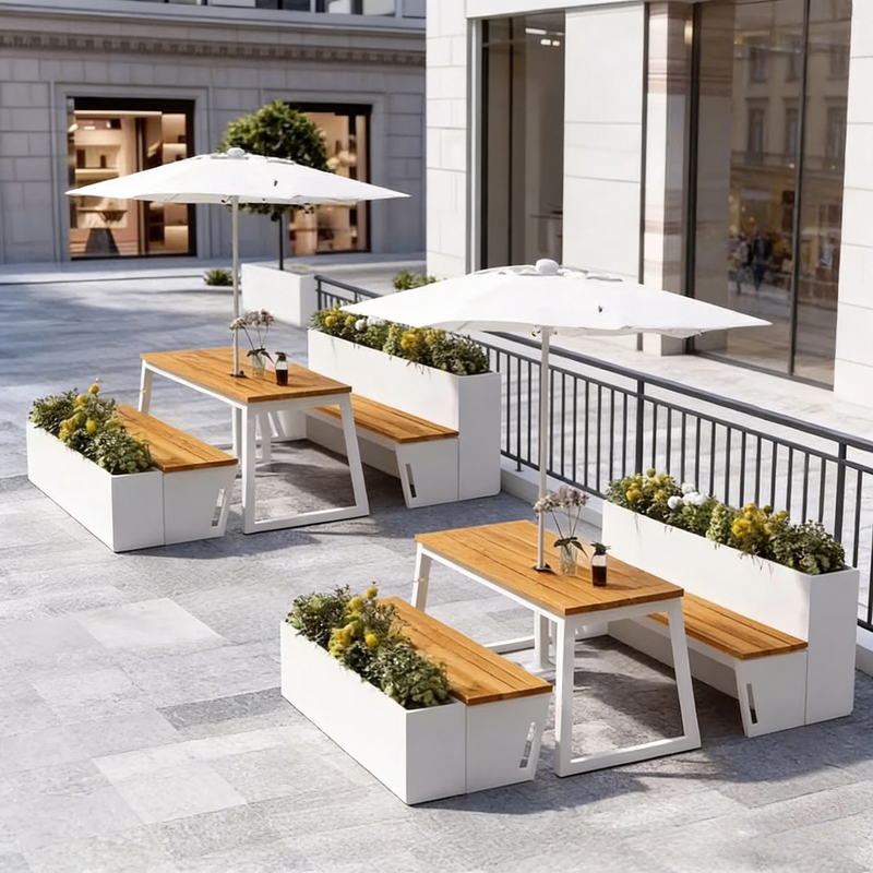 White Flower Box Table and Chair Set with Waterproof and Sun-Resistant Umbrella Hole for Outdoor Commercial Use, Suitable for Casual Seating in Commercial Streets and Milk Tea Shops
