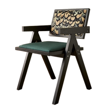 Hexuan solid wood Nordic dining chair rattan chair Chandigarh chair leisure armchair walnut color wabi-sabi style chair
