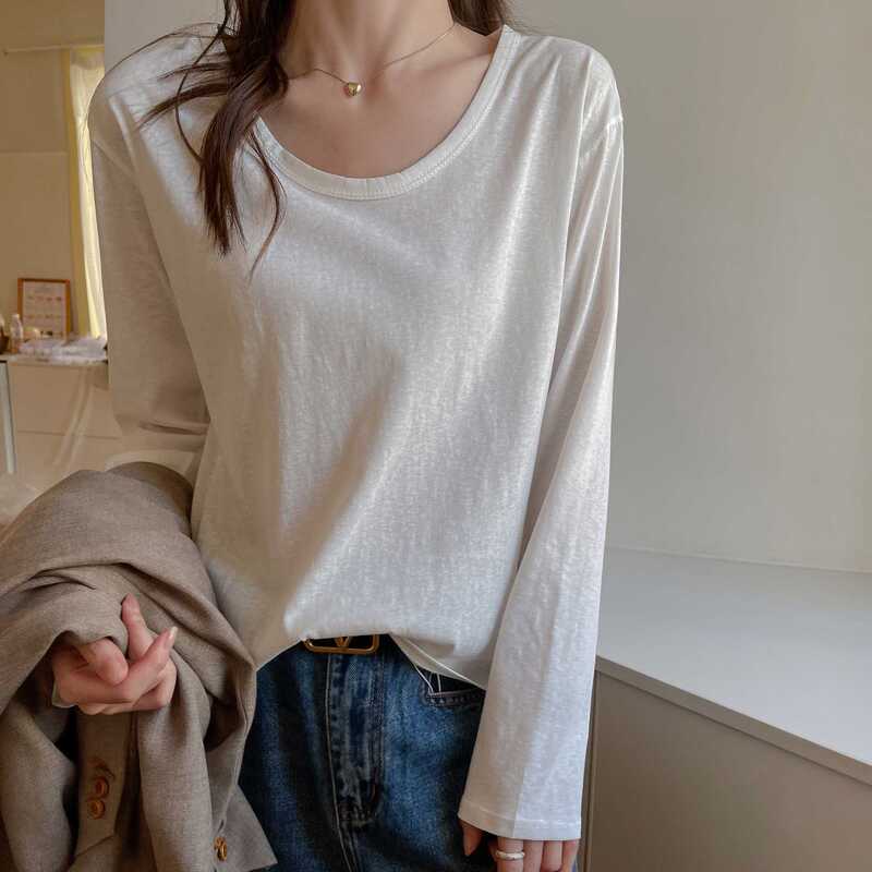 Wuxi T-Shirt Long-Sleeve T-Shirt for Women Early Autumn Solid Color Casual Versatile Base Shirt Loose Lazy Style Top