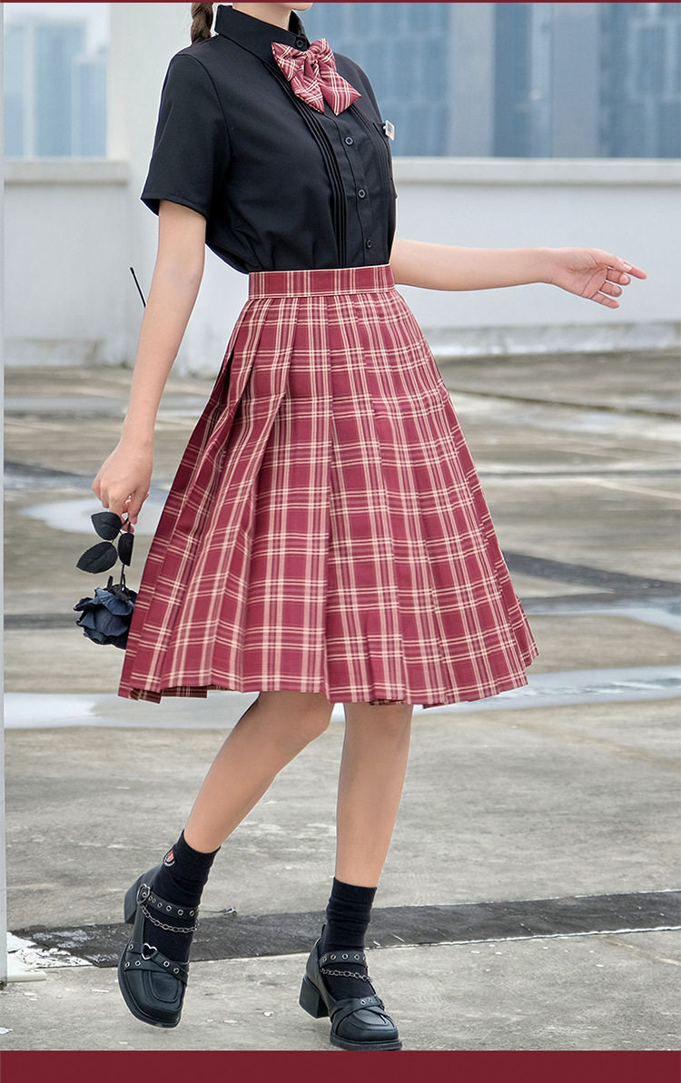 jk制服加工定制 苋红现货校供酒红成品布格裙同格学院风女优等生中长款百褶短裙