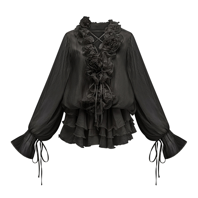 Missstudio European and American Style Ruffled Design Floral Tie-Front Dress with Waist-Cinching Ruffle Shirt Dress