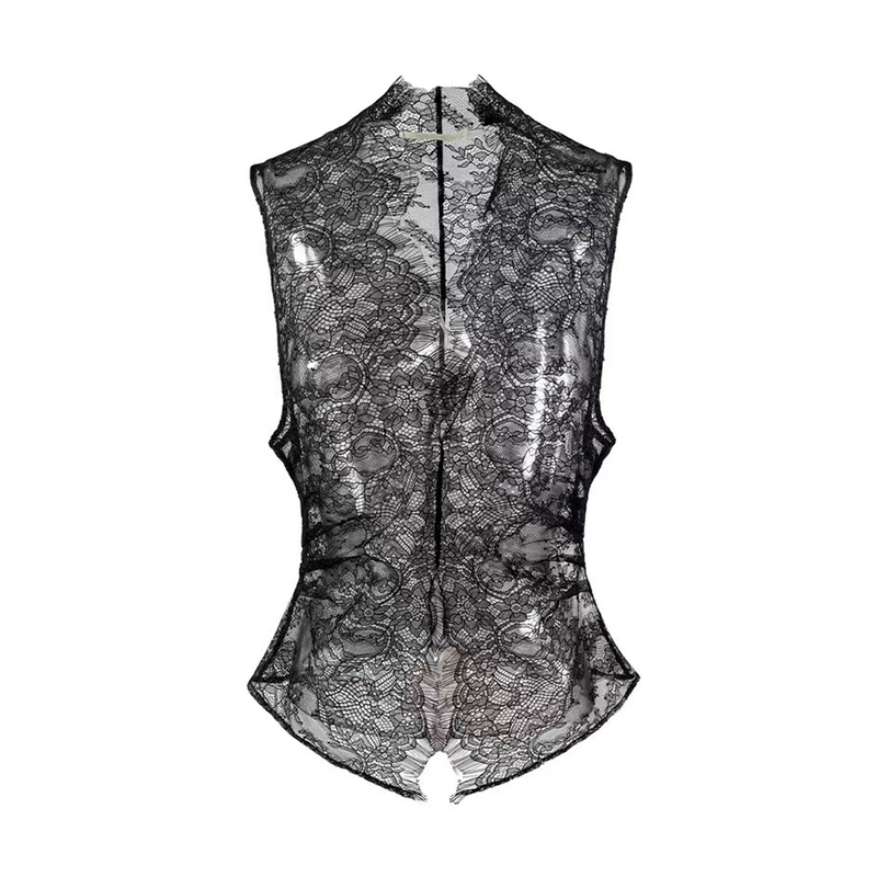 Missstudio Sexy and Elegant Black Lace Base Shirt with Unique Design, Sheer Sleeveless Waist-Cinching Top
