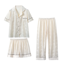 Langsha ice silk pajamas for women 2024 new summer with chest pad one-piece short-sleeved jacquard silk three-piece home clothes