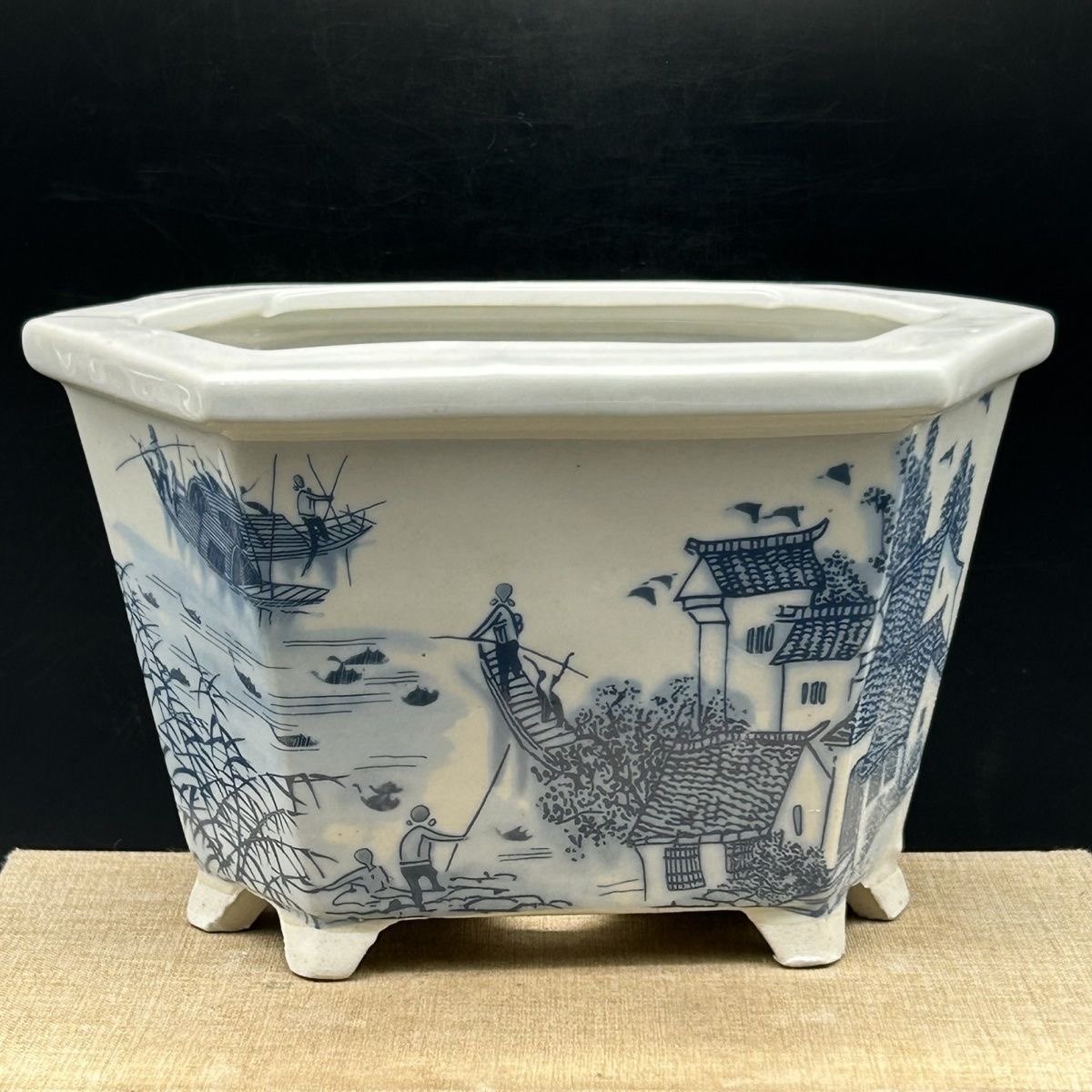 景德镇明清风格青花六方花盆多肉植物陶瓷花器江南水乡仿古瓷花盆