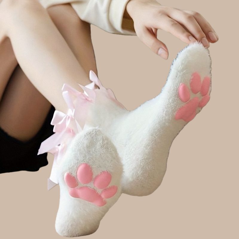 3D Cute Cat Paw Coral Fleece Socks for Women with Bow Ribbon, Thickened and Warm, Three-Dimensional Plush Socks for Home Use 3D Cute Cat Paw Coral Fleece Socks for Women with Bow Ribbon, Thickened and Warm, Three-Dimensional Plush Socks for Home Use