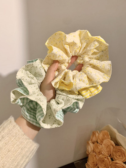 韩系黄色格子碎花大肠发圈女高级感慵懒风发绳丸子头大号百搭头饰