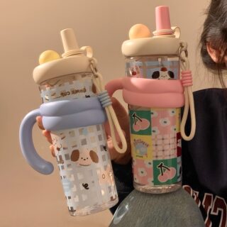 Giant Water Bottle for Girls, High Aesthetic Value, Large Capacity for Summer, Double Drinking Straw, Tea Container, Plastic Ice Cooler Cup