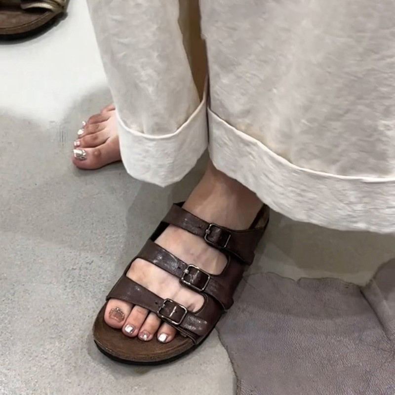 French Uamtor Leather Version Summer Roman Thick-Soled Sandals for Women, Outdoor Wear, Flat Cork-Soled Birkenstock-Style Slippers