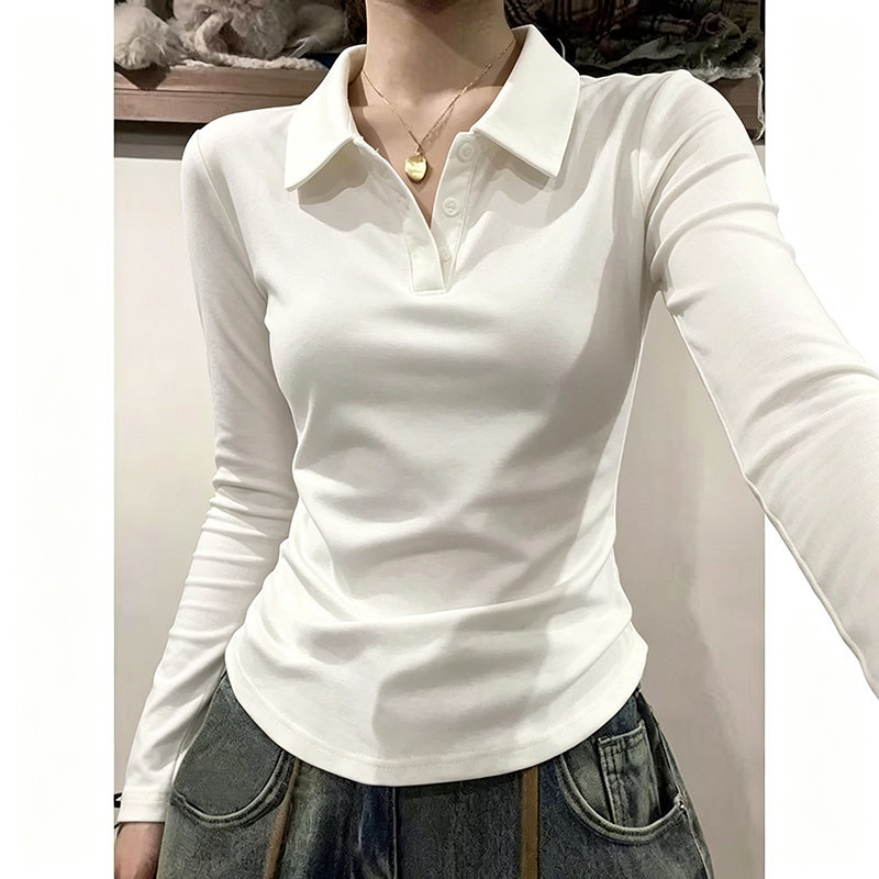 American Retro White Polo Collar Long-Sleeved T-Shirt for Women in Spring and Autum New Slim Fit Slimming Look Bottoming Shirt Top American Retro White Polo Collar Long-Sleeved T-Shirt for Women in Spring and Autum New Slim Fit Slimming Look Bottoming Shirt Top