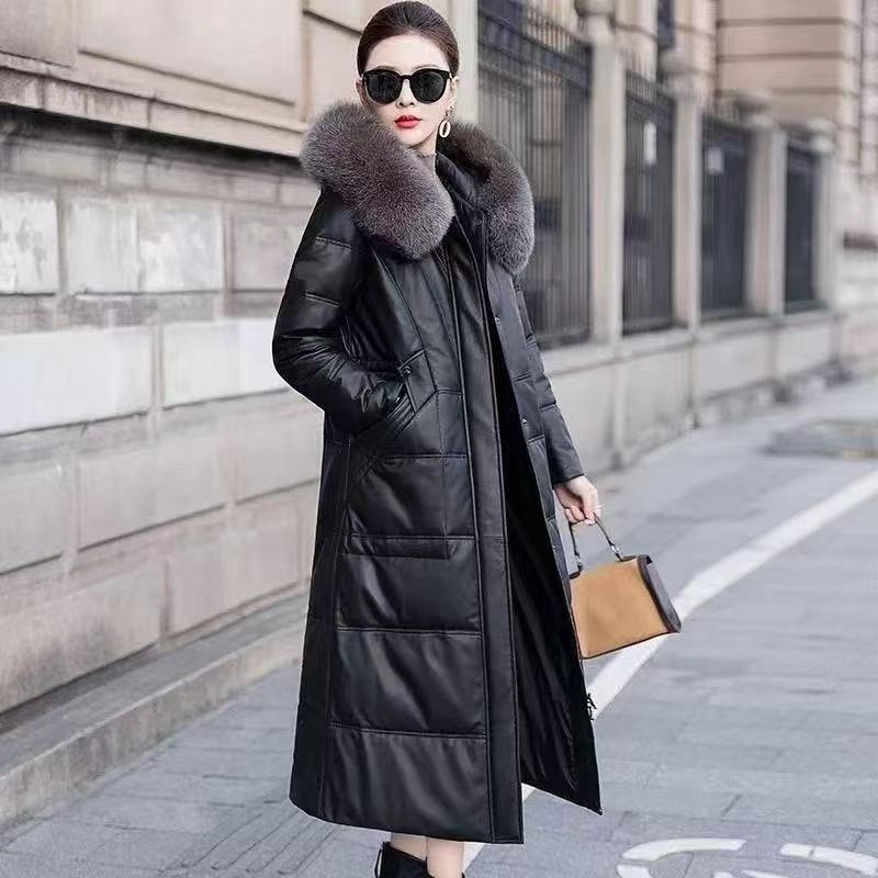 Authentic Haining Leather Jacket, Genuine Leather down Cotton Coat for Women, New Over-The-Knee Long Sheepskin Coat, Thickened Mother's Coat