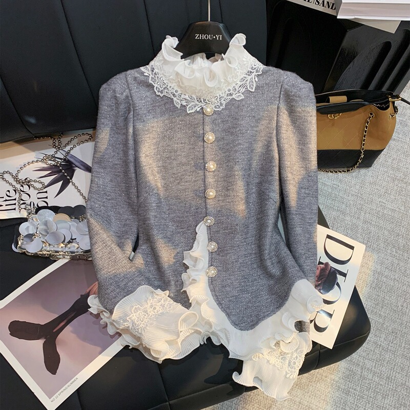 Zhouyi/Monday Unique and Stunning Lace Ruffle Fleece-Lined Knit Sweater, Versatile Top for Autumn and Winter