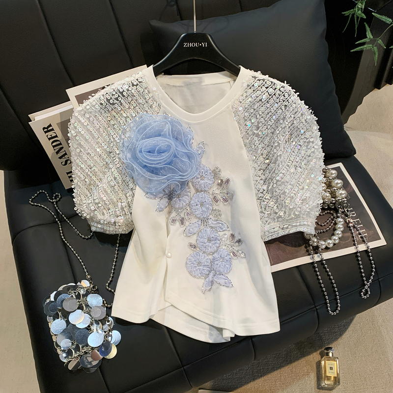 Zhouyi/Monday Design-Inspired Heavy-Duty Three-Dimensional Blue Rose Sequin Puff Sleeve Waist-Cinching Summer Top for Women