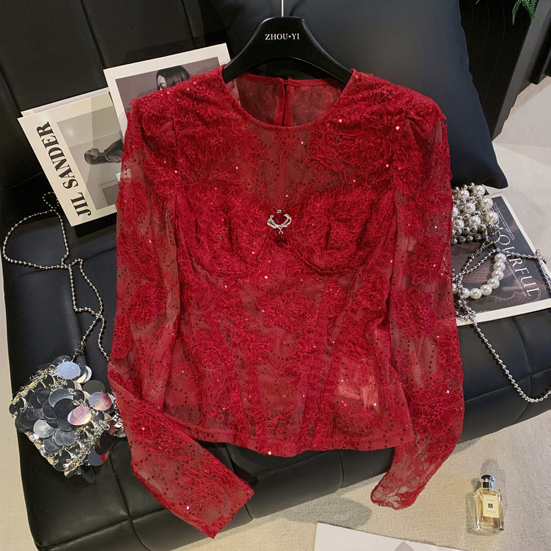 Zhouyi/Monday High-End Red Sequin Long-Sleeve Lace Blouse for Women, Early Autumn Round Neck Waist-Cinching Slimming Top Zhouyi/Monday High-End Red Sequin Long-Sleeve Lace Blouse for Women, Early Autumn Round Neck Waist-Cinching Slimming Top