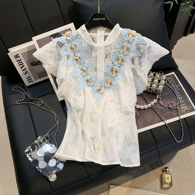 Zhouyi/Monday Design Sense Heavy Embroidery V-Neck Ruffle Lace Top Three-Dimensional Flower Slim Waist Top for Women
