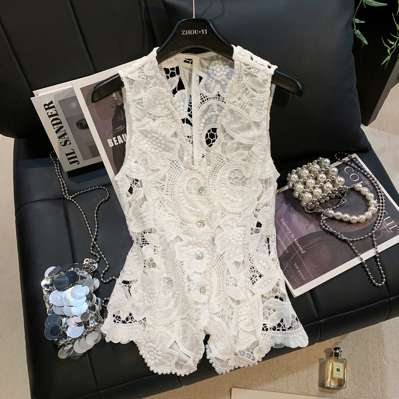 Zhouyi/French-Style White Lace Hollow Embroidery Beaded V-Neck Waist-Cinching Slim-Fit Sleeveless Vest