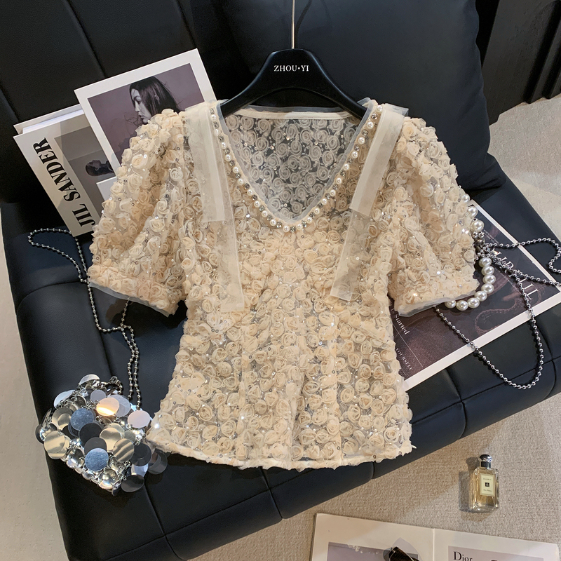 Zhouyi/Monday Design-Inspired Three-Dimensional Rose Short-Sleeve Lace Blouse, Summer Waist-Cinching Slimming Elegant Top for Women Zhouyi/Monday Design-Inspired Three-Dimensional Rose Short-Sleeve Lace Blouse, Summer Waist-Cinching Slimming Elegant Top for Women