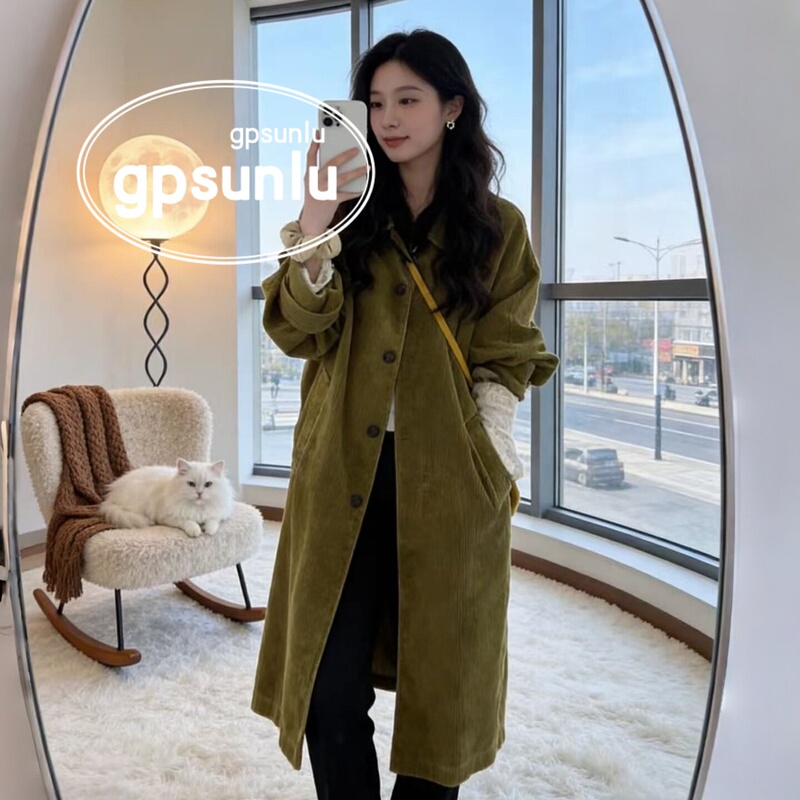 Gpsunlu Retro Corduroy Long Windbreaker Women's Autumn and Winter Hong Kong Style Lazy Loose Long-Sleeved Coat Versatile Jacket