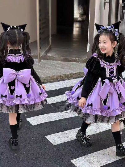 Kuromi Herbst und Winter langärmeliger samtverdickter Lolita-Tutu-Rock für Damen. Kinder-Cos-Performance-Kostüme für Damen-Frühlings- und Herbströcke