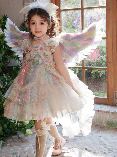 女童洛丽塔公主裙女孩生日礼服连衣裙儿童精灵翅膀七色彩虹连衣裙