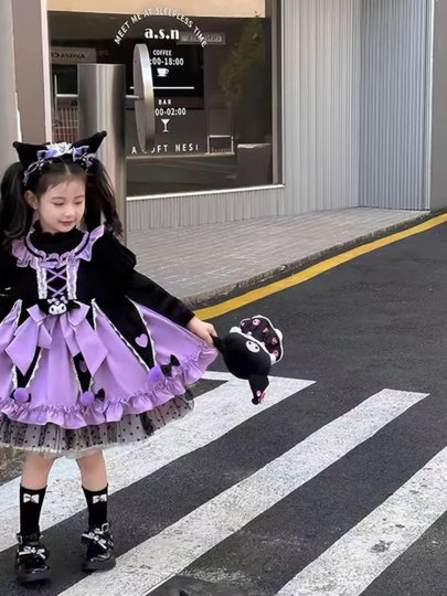 Kuromi Herbst und Winter langärmeliger samtverdickter Lolita-Tutu-Rock für Damen. Kinder-Cos-Performance-Kostüme für Damen-Frühlings- und Herbströcke