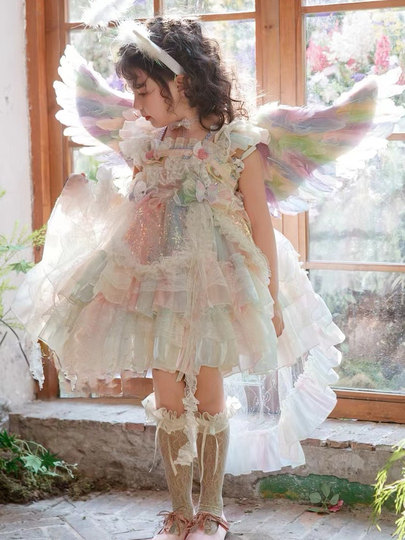 女童洛丽塔公主裙女孩生日礼服连衣裙儿童精灵翅膀七色彩虹连衣裙