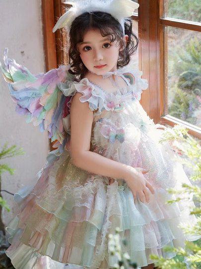 女童洛丽塔公主裙女孩生日礼服连衣裙儿童精灵翅膀七色彩虹连衣裙