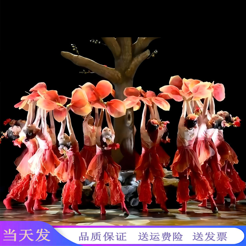 Red Fantasy Dance Props and Costumes for Children, Patriotic Red Group Dance Women's Performance Costumes, Kapok Flower Performance Costumes