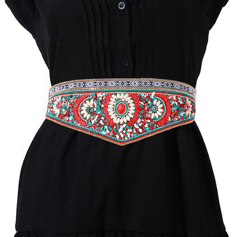 New Xinjiang Ethnic Style Rice Bead Turquoise Waist Belt Tibetan Clothing Accessories Mongolian Robe Dance Photo Shoot for Women