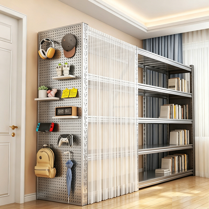 304 Stainless Steel Shelves for Home Use, Living Room Pegboard Storage Rack, Multi-Layer Storage Rack, Balcony Shelf with Dustproof Curtain
