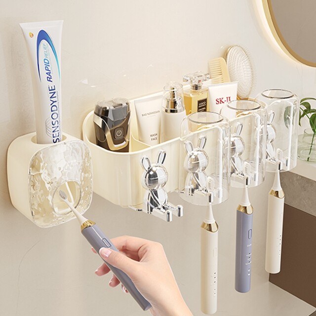 Japanese Imported Household Toothbrush Holder, No-Drill Wall-Mounted Toothbrush Rack with Brushing Cup and Mouthwash Cup for Bathroom