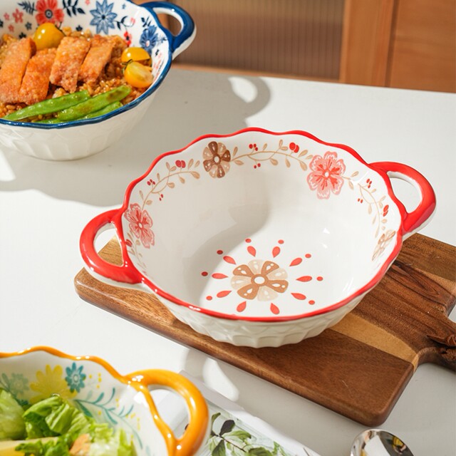 German Imported Double-Ear Anti-Scald Ceramic Large-Capacity Bowl for Home Use, High Aesthetic Appeal, Popular Online Salad, Instant Noodle, and Snail Noodle Bowl