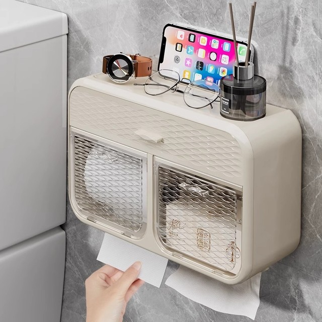 Japanese Toilet Paper Tissue Box Storage Rack, Wall-Mounted Waterproof Perforated Bathroom Paper Holder for Home Use
