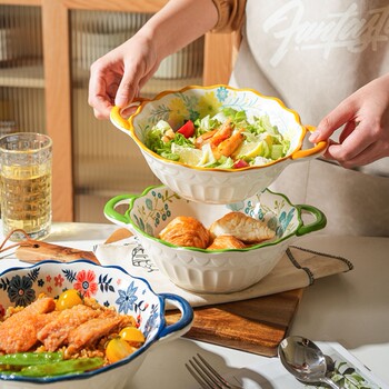 German Imported Double-Ear Anti-Scald Ceramic Large-Capacity Bowl for Home Use, High Aesthetic Appeal, Popular Online Salad, Instant Noodle, and Snail Noodle Bowl