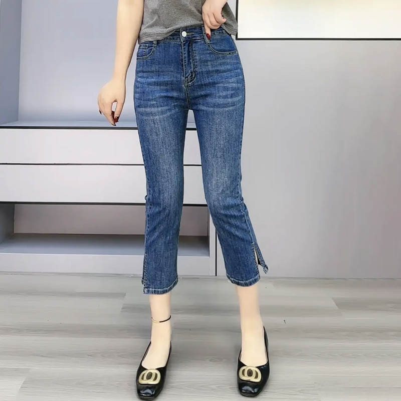Designed Slit Denim Pants for Women, 2023 Summer Thin Style, Plus Size, High-Waisted, Stretchy, Petite, Cropped Cigarette Pants