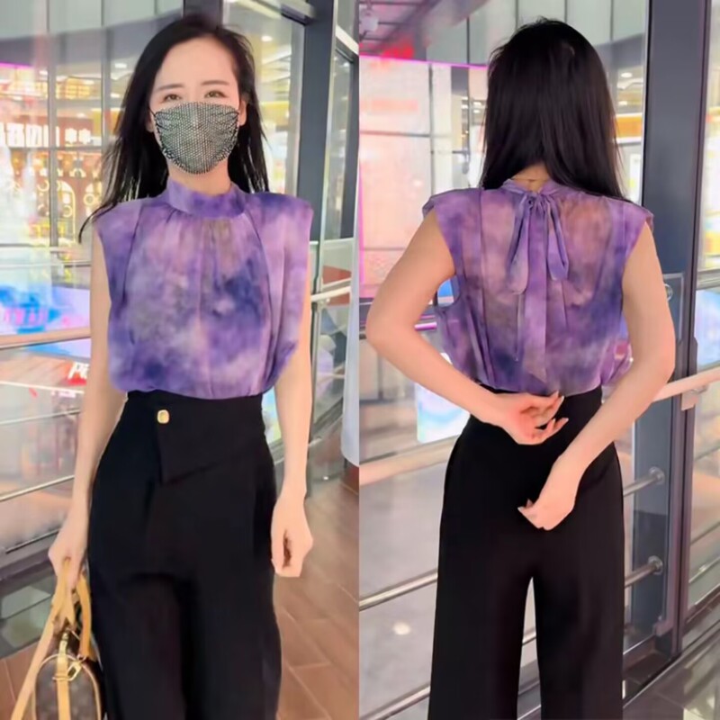 2026 Summer New Simple and Stylish French Tie-Dye Sleeveless Slimming Shirt Women's Versatile Top Blouse 2026 Summer New Simple and Stylish French Tie-Dye Sleeveless Slimming Shirt Women's Versatile Top Blouse