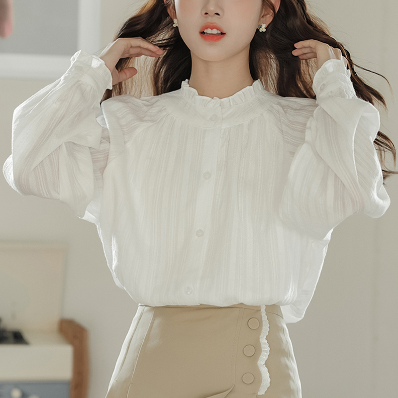 White Long-Sleeve Shirt with Ruffled Edges for Women, Featuring a Unique Design, Chanel-Style, Made of Pure Cotton, Stylish Base Layer Top
