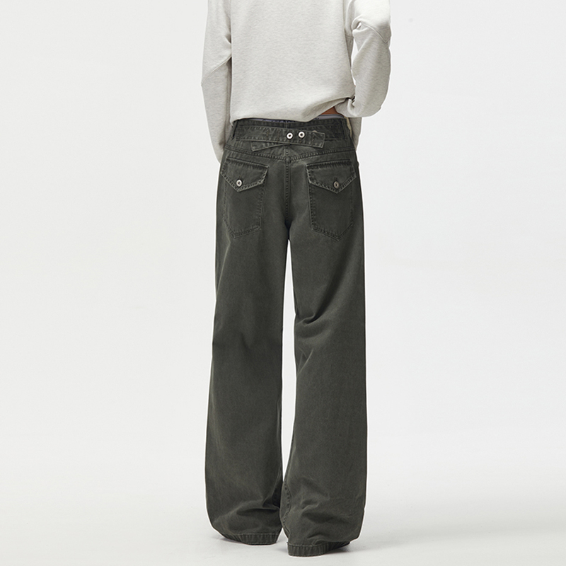【High Quality】Army Green Paris Button Flap Pocket Washed Vintage Loose Flared Jeans Trendy Casual Pants 【High Quality】Army Green Paris Button Flap Pocket Washed Vintage Loose Flared Jeans Trendy Casual Pants