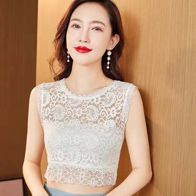 Women's New Lace Shirt, Low-Neck Sleeveless Lace Trim Vest, Thin Style for Spring, Summer, and Autumn, Suitable for Inner or Outer Wear, Slim Fit and Flattering
