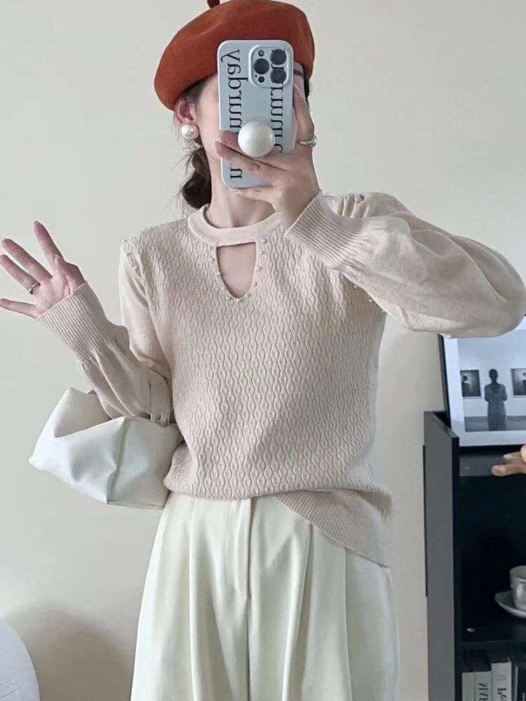 Careful machine needle cardiovert woman long sleeve blouse 2023 fall new round collar loose fashion foreign air slats sweater-Taobao