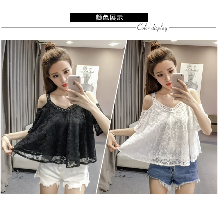 Mùa hè Mới Hàn Quốc Phụ nữ hở vai V-cổ sling Tay áo ngắn tay ngắn Ren voan Áo sơ mi nhỏ Openwork Rắn màu Top áo sơ mi kiểu đẹp