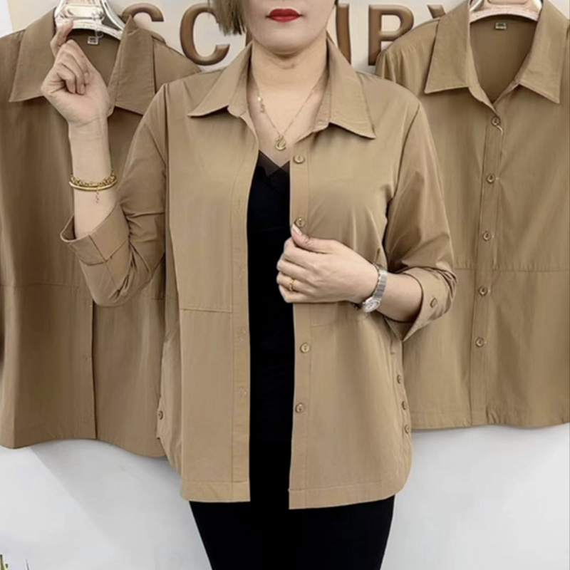 Solid Color Lapel Design Pocket Button Three-Quarter Sleeve Summer New Sun Protection Jacket Cardigan Plus Size Women's Fashion Solid Color Lapel Design Pocket Button Three-Quarter Sleeve Summer New Sun Protection Jacket Cardigan Plus Size Women's Fashion