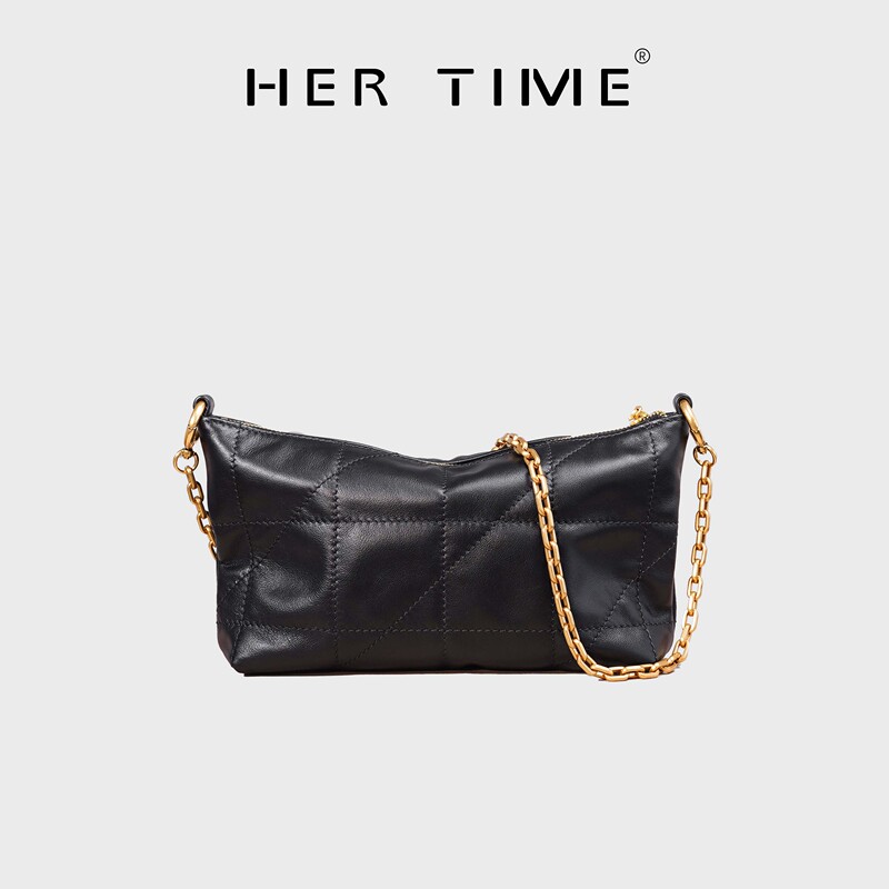 HER TIME Italian Imported Calfskin Diamond-Pattern Quilted Chain Bag Niche Mahjong Bag HER TIME Italian Imported Calfskin Diamond-Pattern Quilted Chain Bag Niche Mahjong Bag