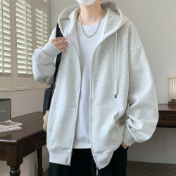 Autumn and Winter Hooded Jacket for Men and Teenagers, Fleece-Lined Sweatshirt, Solid Color Loose Top, Thickened Jacket for High School Students, Trendy