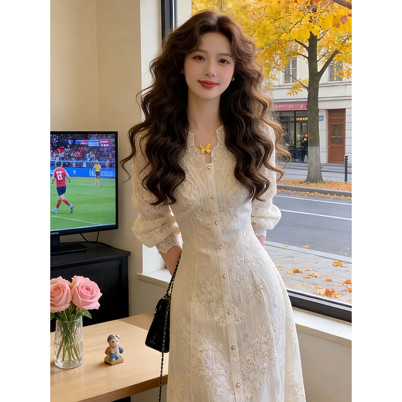 2026 New Heavy Lace White Long-Sleeved Dress for Women, Early Spring French Style, Elegant Waist-Cinching Slimming Long Dress 2026 New Heavy Lace White Long-Sleeved Dress for Women, Early Spring French Style, Elegant Waist-Cinching Slimming Long Dress